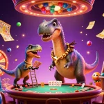 Xoilac Tv showcases epic 3D casino action with whimsical dinosaurs and vibrant lottery elements.