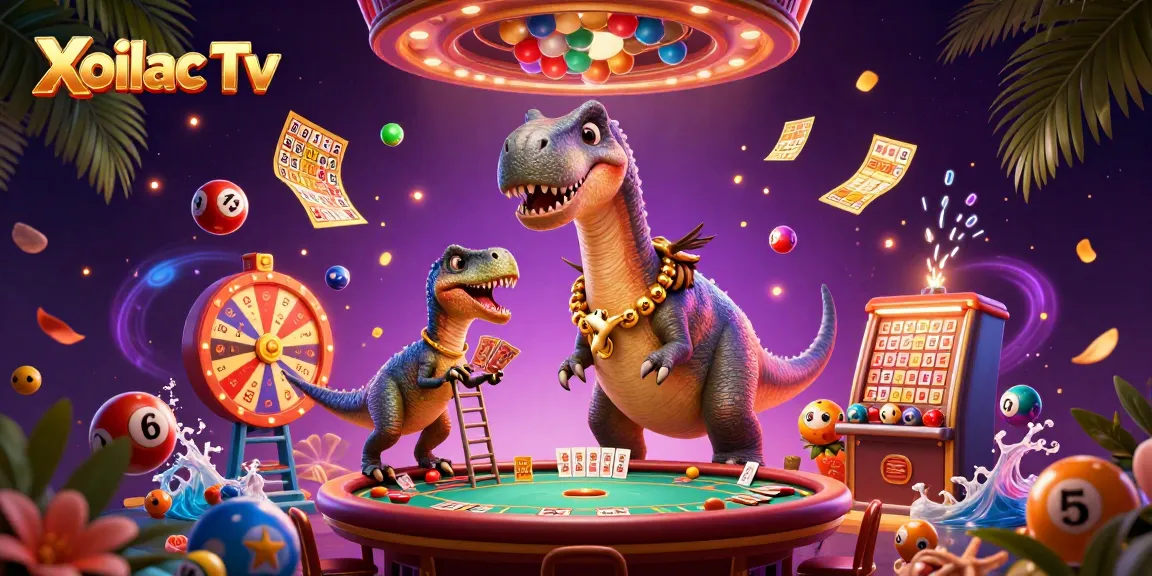 Xoilac Tv showcases epic 3D casino action with whimsical dinosaurs and vibrant lottery elements.