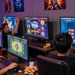 Exciting gaming atmosphere with Playbook88 slot players celebrating wins and engaging with high RTP rates in a cozy game room.