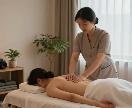 Relaxing 파주출장안마 session in a serene massage therapy room, creating a calming atmosphere.