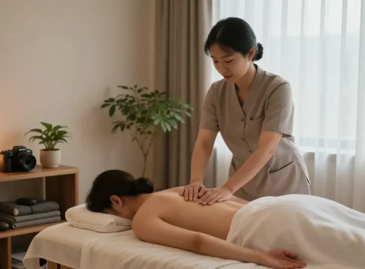 Relaxing 파주출장안마 session in a serene massage therapy room, creating a calming atmosphere.