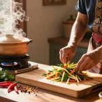 Ginger and lemongrass preparation in a warm Thai kitchen, showcasing the culinary art of สล็อต with vibrant ingredients