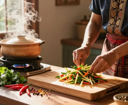 Ginger and lemongrass preparation in a warm Thai kitchen, showcasing the culinary art of สล็อต with vibrant ingredients
