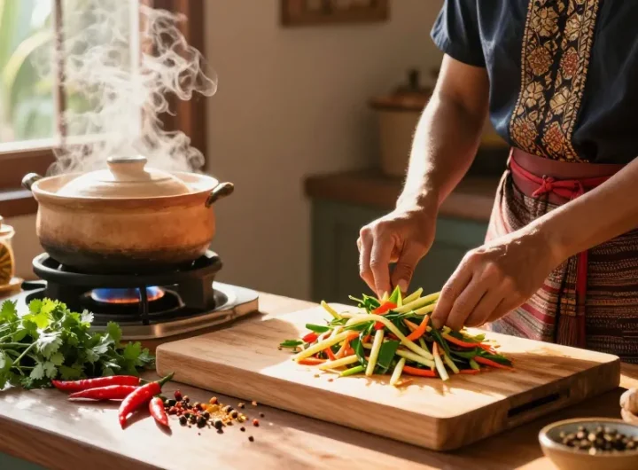 Ginger and lemongrass preparation in a warm Thai kitchen, showcasing the culinary art of สล็อต with vibrant ingredients