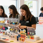 Engaging retail experience with customers examining custom acrylic standees and keychains.