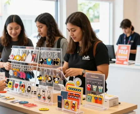 Engaging retail experience with customers examining custom acrylic standees and keychains.