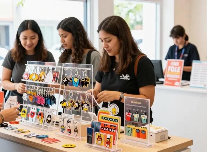 Engaging retail experience with customers examining custom acrylic standees and keychains.