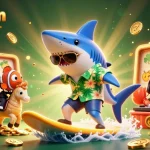 Experience the excitement of nohu90vn casino games with a vibrant 3D illustration featuring a shark and friends.
